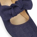 Stylized little Girl Mary Jane shoes with hook and loop strap with double bow in BLUE LINEN.