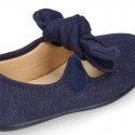 Stylized little Girl Mary Jane shoes with hook and loop strap with double bow in BLUE LINEN.