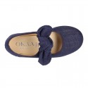 Stylized little Girl Mary Jane shoes with hook and loop strap with double bow in BLUE LINEN.