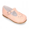 FLOWER design Girl T-Strap little Mary Jane shoes in soft nappa leather.