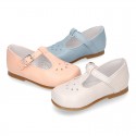 FLOWER design Girl T-Strap little Mary Jane shoes in soft nappa leather.