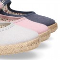 Cotton canvas little Mary Janes espadrille style shoes with FOWERS design lining.