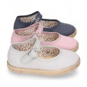 Cotton canvas little Mary Janes espadrille style shoes with FOWERS design lining.