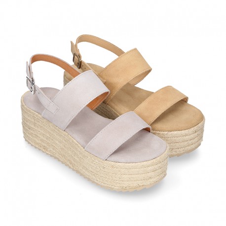 Suede leather women wedge sandal shoes espadrille style.