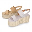 Suede leather women wedge sandal shoes espadrille style.