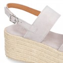 Suede leather women wedge sandal shoes espadrille style.