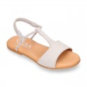 Suede Leather T-Strap girl sandal shoes with elastic band.