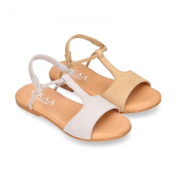 Suede Leather T-Strap girl sandal shoes with elastic band.