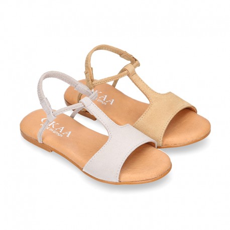 Suede Leather T-Strap girl sandal shoes with elastic band.