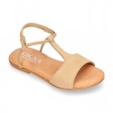 Suede Leather T-Strap girl sandal shoes with elastic band.