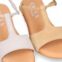 Suede Leather T-Strap girl sandal shoes with elastic band.