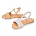 Suede Leather T-Strap girl sandal shoes with elastic band.