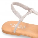 Suede Leather T-Strap girl sandal shoes with elastic band.