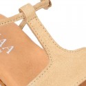 Suede Leather T-Strap girl sandal shoes with elastic band.