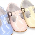 Patent leather little T-Strap shoes with buckle fastening in PASTEL colors.