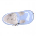 Patent leather little T-Strap shoes with buckle fastening in PASTEL colors.