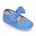 PLUMETI cotton canvas little Mary Jane shoes with hook and loop strap closure with bow.