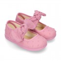 PLUMETI cotton canvas little Mary Jane shoes with hook and loop strap closure with bow.