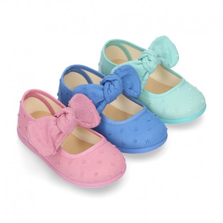 PLUMETI cotton canvas little Mary Jane shoes with hook and loop strap closure with bow.