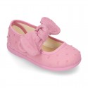 PLUMETI cotton canvas little Mary Jane shoes with hook and loop strap closure with bow.