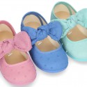 PLUMETI cotton canvas little Mary Jane shoes with hook and loop strap closure with bow.