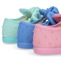 PLUMETI cotton canvas little Mary Jane shoes with hook and loop strap closure with bow.