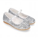 GLITTER classic Mary Jane shoes with hook and loop strap and button.