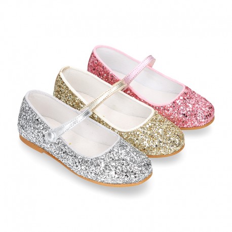 GLITTER classic Mary Jane shoes with hook and loop strap and button.