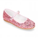 GLITTER classic Mary Jane shoes with hook and loop strap and button.