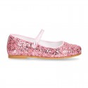 GLITTER classic Mary Jane shoes with hook and loop strap and button.