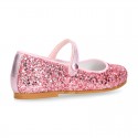 GLITTER classic Mary Jane shoes with hook and loop strap and button.