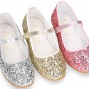 GLITTER classic Mary Jane shoes with hook and loop strap and button.