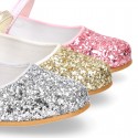 GLITTER classic Mary Jane shoes with hook and loop strap and button.