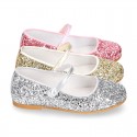 GLITTER classic Mary Jane shoes with hook and loop strap and button.