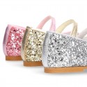 GLITTER classic Mary Jane shoes with hook and loop strap and button.