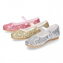 GLITTER classic Mary Jane shoes with hook and loop strap and button.