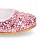 GLITTER classic Mary Jane shoes with hook and loop strap and button.