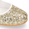 GLITTER classic Mary Jane shoes with hook and loop strap and button.