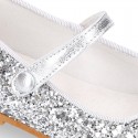 GLITTER classic Mary Jane shoes with hook and loop strap and button.