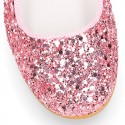 GLITTER classic Mary Jane shoes with hook and loop strap and button.