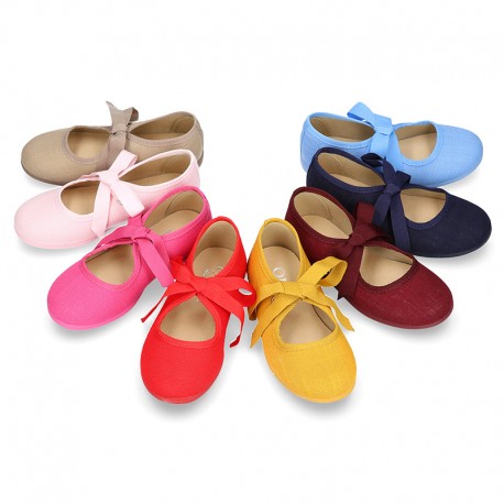 Cotton canvas Ballet flat shoes angel style with ties closure.