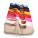 Cotton canvas Ballet flat shoes angel style with ties closure.