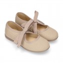 Cotton canvas Ballet flat shoes angel style with ties closure.