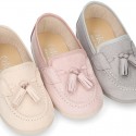 Canvas kids Moccasin shoes with TASSELS design in pastel colors.