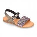 Leather sandal shoes with GLITTER finishes and buckle fastening.