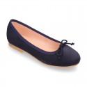 DARK BLUE Suede leather girl ballet flats with adjustable ribbon.