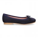 DARK BLUE Suede leather girl ballet flats with adjustable ribbon.