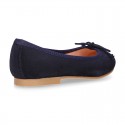 DARK BLUE Suede leather girl ballet flats with adjustable ribbon.