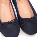 DARK BLUE Suede leather girl ballet flats with adjustable ribbon.