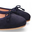 DARK BLUE Suede leather girl ballet flats with adjustable ribbon.